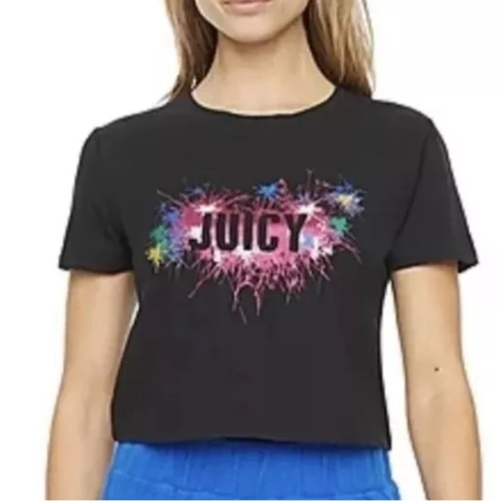 NWOT Juicy Couture Short Sleeve Crew Neck Graphic Crop Top Black Womens Size L